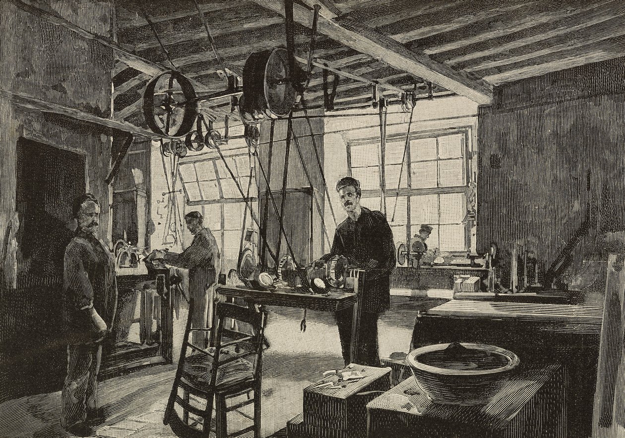 Atelier mécanique dans la monnaie de Rome, Italie, gravure d