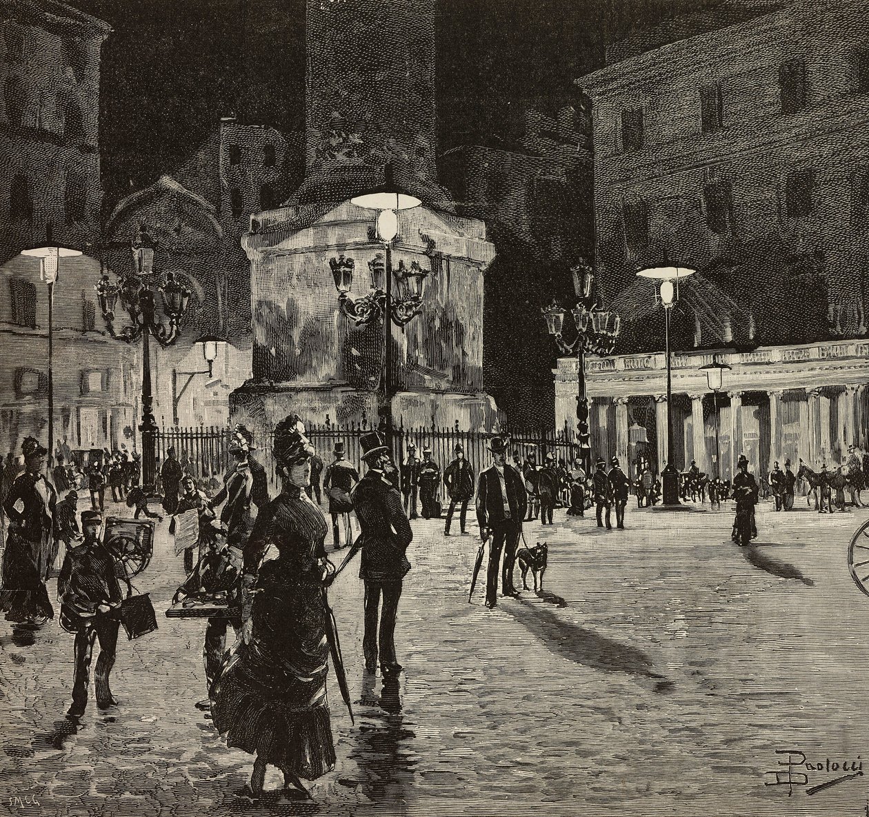Piazza Colonna illuminée par la lumière électrique, Rome, Italie, dessin de Dante Paolocci, gravure de L