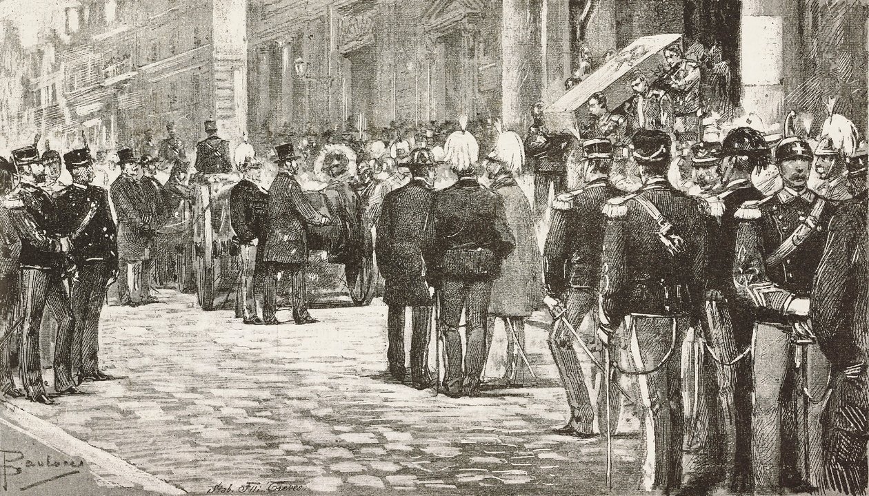 Politiciens et officiers assistant au cortège funèbre de Luigi Mezzacapo (1814-1885), homme politique et officier italien, Rome, Italie, gravure d