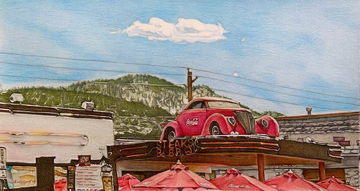 Pitstop sur la route 66, 2024 (crayon sur papier) - Darrell Windjack
