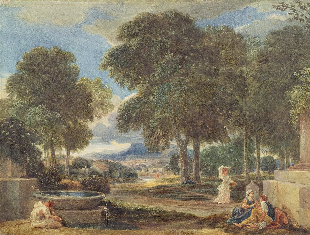 Paysage avec un homme se lavant les pieds à une fontaine, d