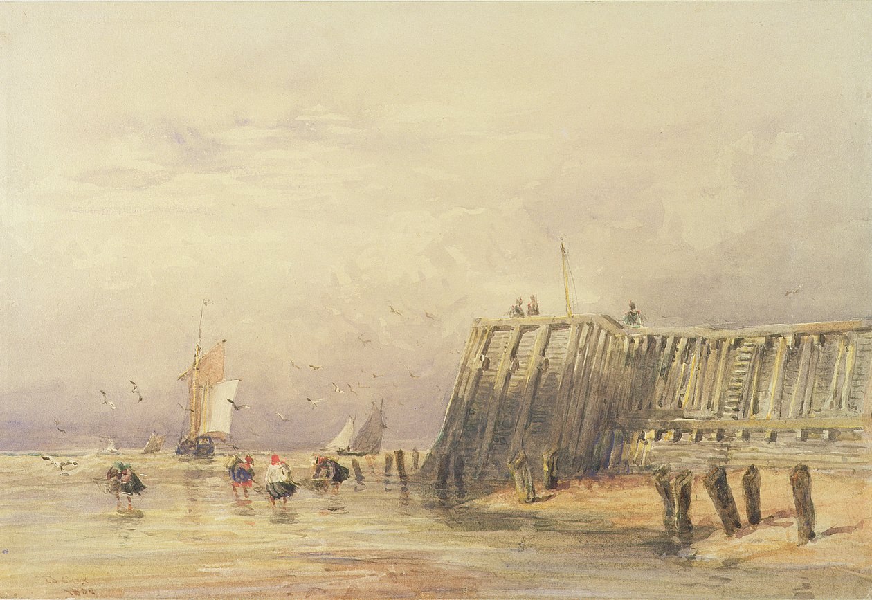 Paysage marin avec barges à voile et personnages pataugeant au large, 1832 - David Cox