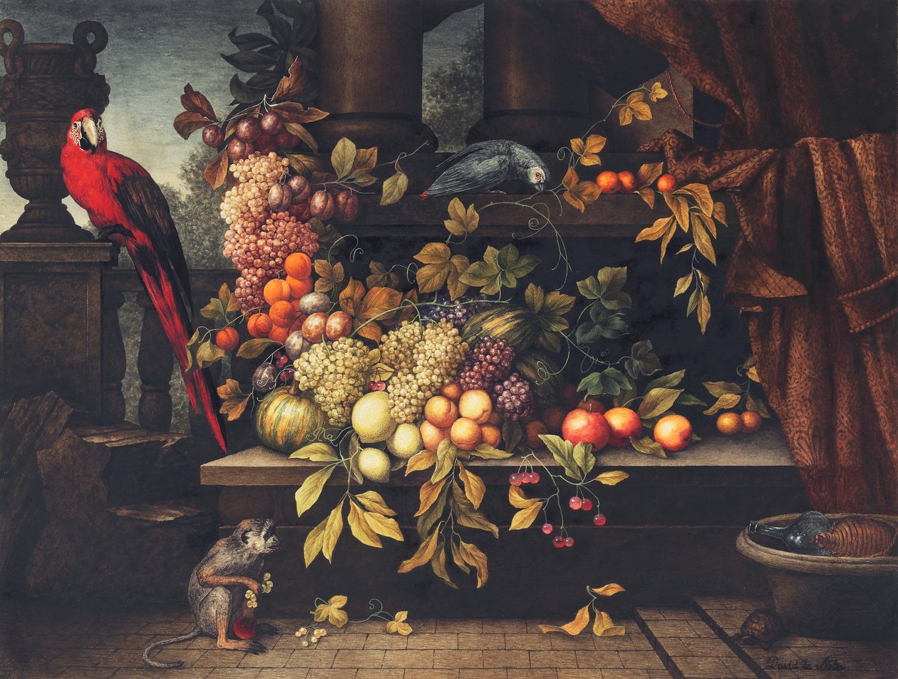 Nature morte avec fruits, rafraîchisseur à vin, singe, perroquets et ...