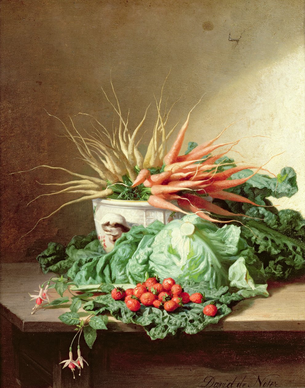 Nature morte de fraises, carottes et chou | Estampe d'art