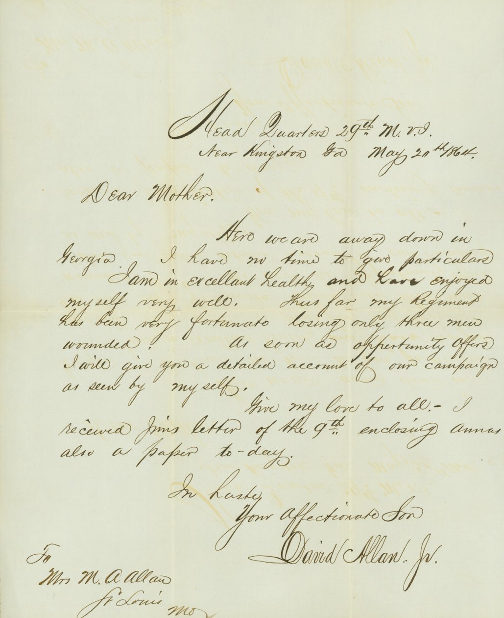 Lettre signée David Allan, Jr., Quartier Général 29e M.V.I., près de Kingston, Ga., à sa mère Mme M.A. Allan, St. Louis, Mo., 20 mai 1864 - David Allan