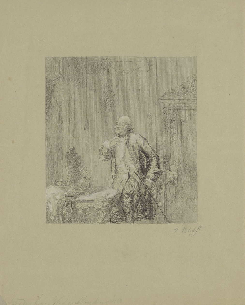 Homme devant un miroir dans un intérieur du XVIIIe siècle - David Bles