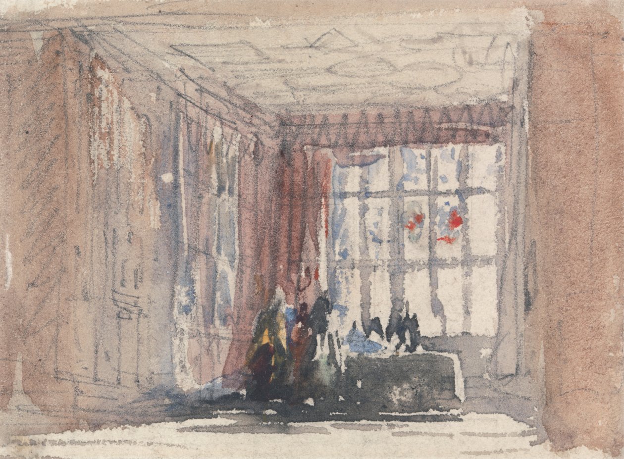 Une pièce Tudor avec des figures, peut-être Hardwick Hall ou Haddon Hall - David Cox