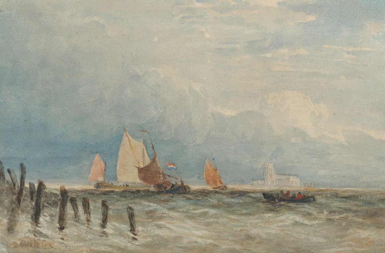 Pêche néerlandaise au large de la côte, avec la Grote Kerk, Dordrecht, au loin. - David Cox