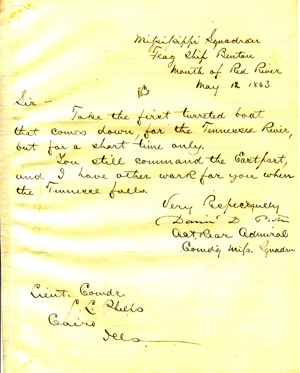 Lettre de David D. Porter, U. S. S. Benton, embouchure de la rivière Rouge, à Seth Ledyard Phelps, Le Caire, Illinois, 12 mai 1863 - David D. Porter