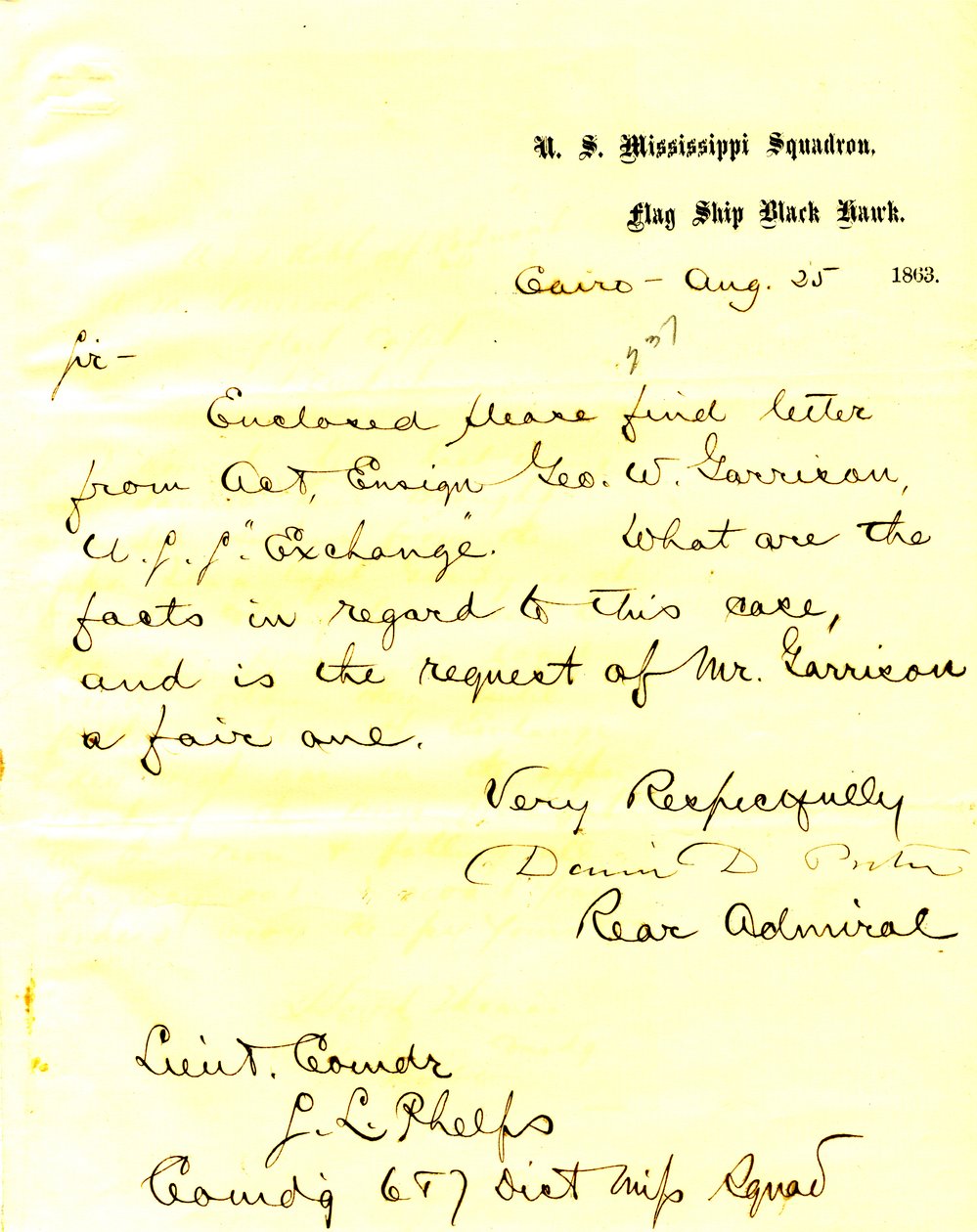Lettre de David D. Porter, U. S. S. Black Hawk, Le Caire, Illinois, à Seth Ledyard Phelps, 25 août 1863 - David D. Porter