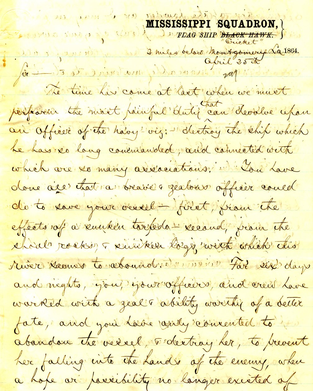 Lettre de David D. Porter, U. S. S. Cricket, 2 miles en dessous de Montgomery, Louisiane, à [Seth Ledyard] Phelps, commandant U. S. S. Eastport, 2 miles en dessous de Montgomery, Louisiane, 25 avril 1864 - David D. Porter