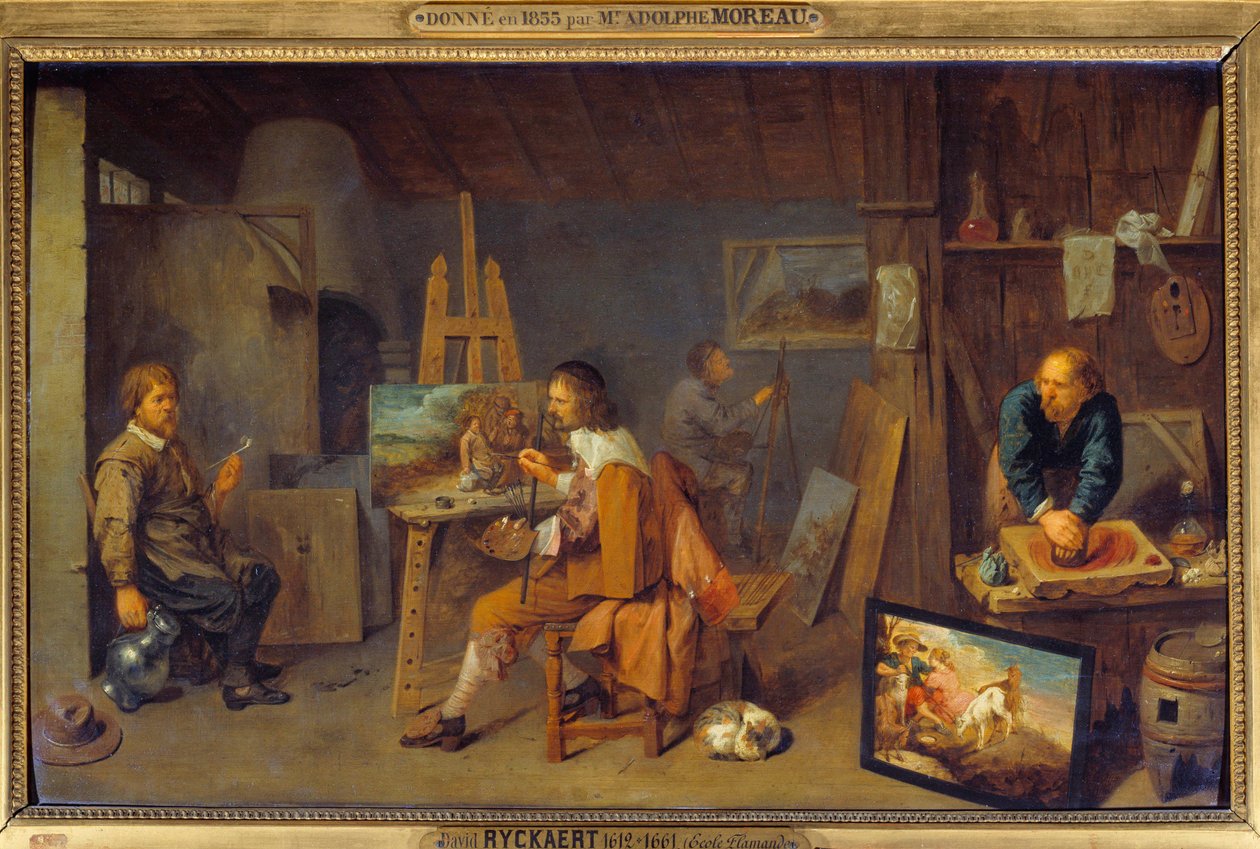 Atelier du peintre avec modèle posant et broyeur de couleurs. Peinture de David III Ryckaert (1612-1661) - David III Ryckaert