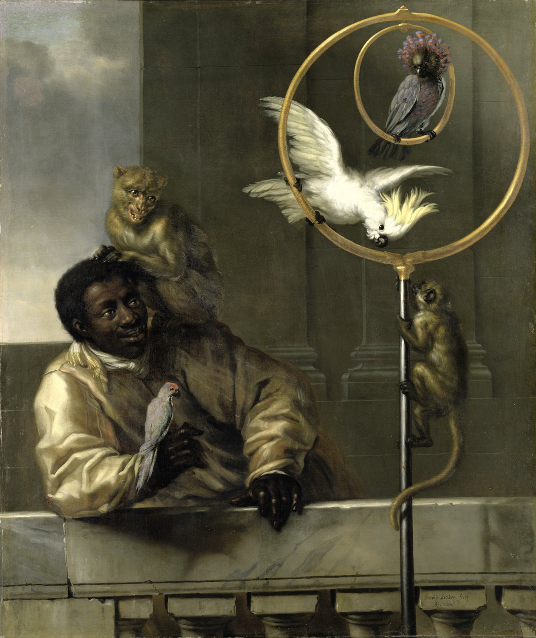 Homme noir avec des perroquets et des singes - David Klöcker Ehrenstrahl