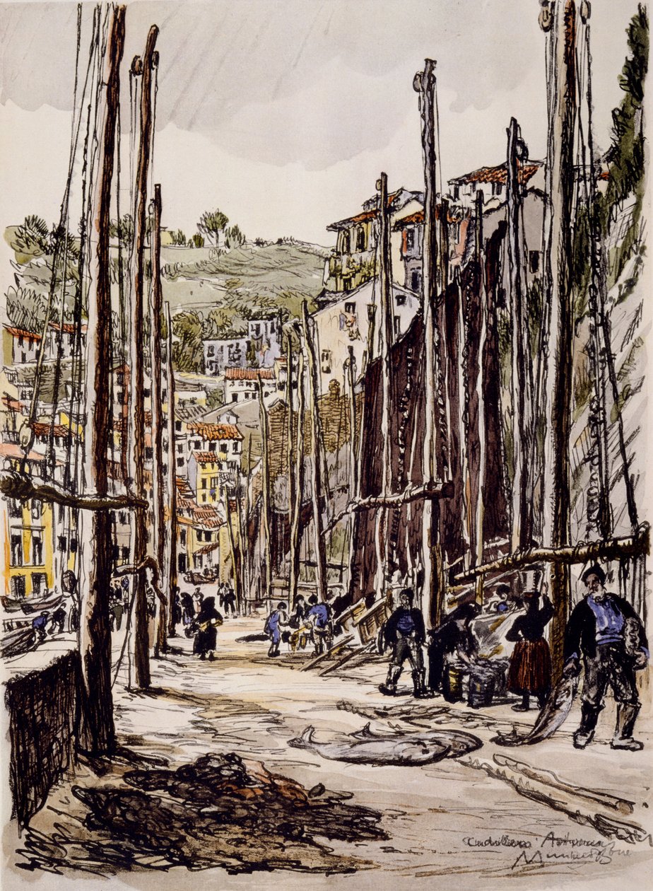 Les pêcheurs de thon, Cudillero, côte asturienne - David Muirhead Bone