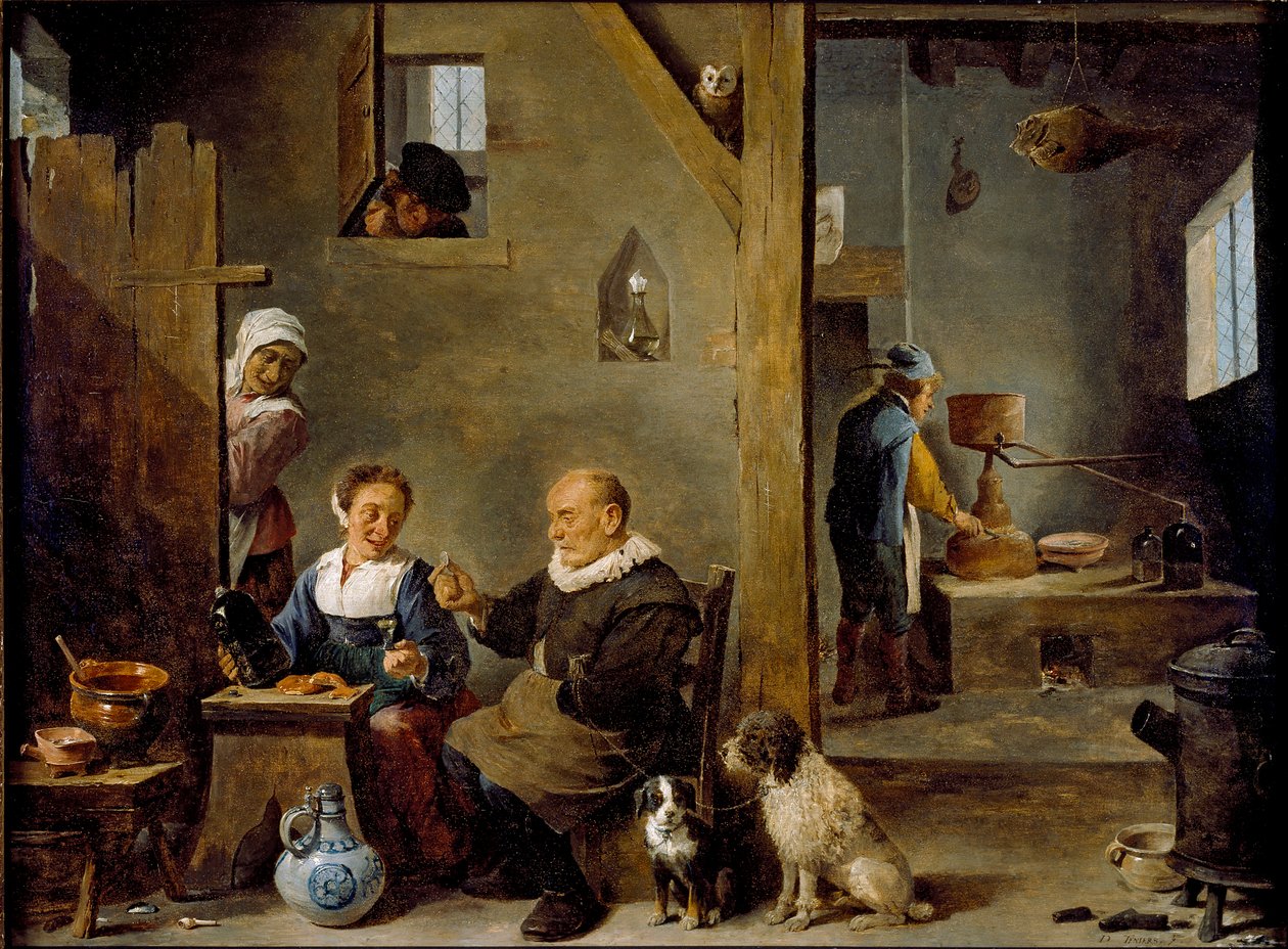 Une distillerie avec un vieil homme achetant du gin à une femme - David Teniers II