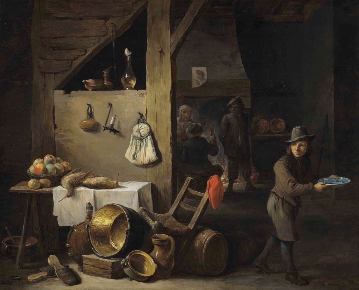 Intérieur de cuisine avec un jeune garçon et trois personnages en train de boire et de fumer - David Teniers the Younger
