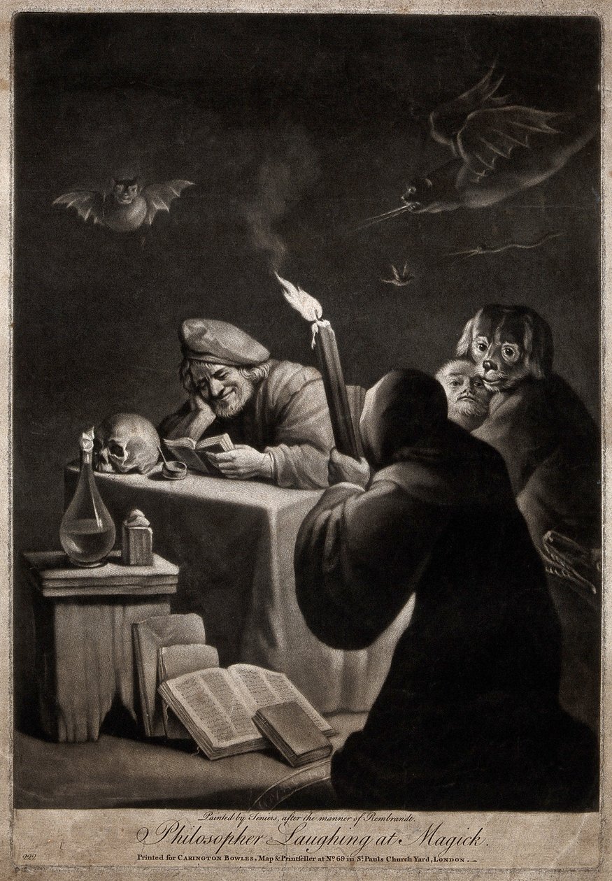 Un homme lisant un livre, souriant ; à côté de lui, un homme encapuchonné, agenouillé. - David Teniers the Younger