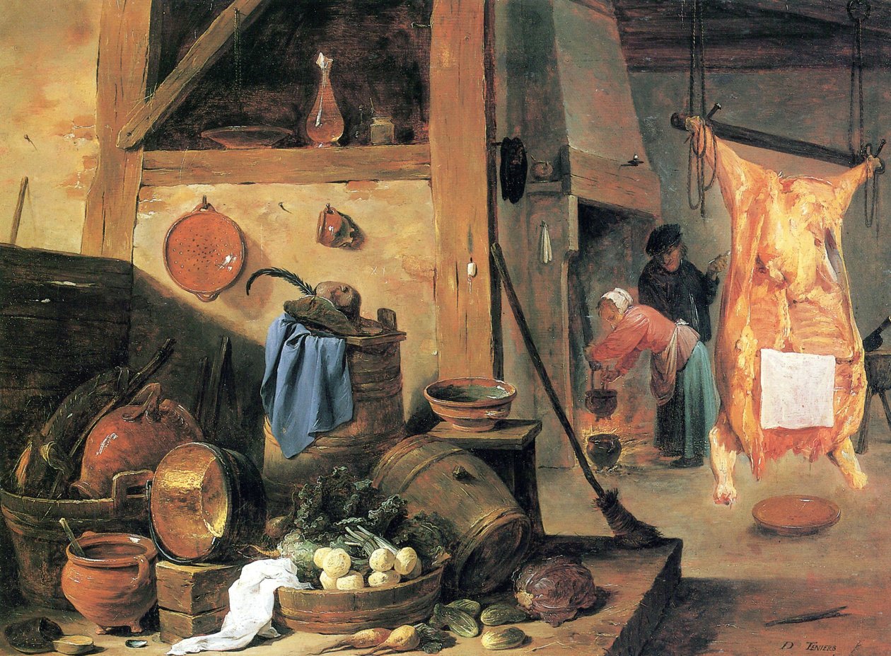 Intérieur de cuisine avec nature morte et bœuf abattu - David Teniers the Younger
