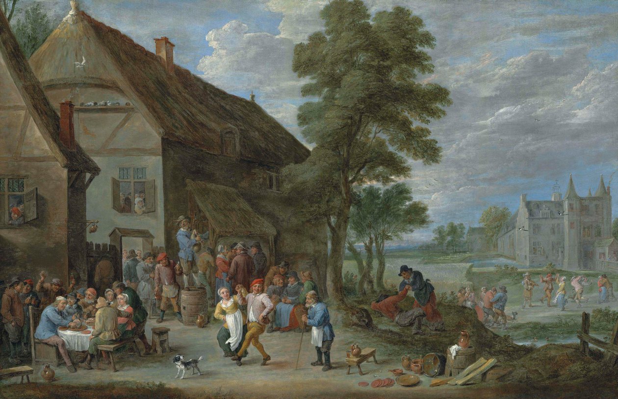 Paysans dansant devant une auberge à Perck, avec le Kasteel de Drij Toren au-delà. - David Teniers the Younger