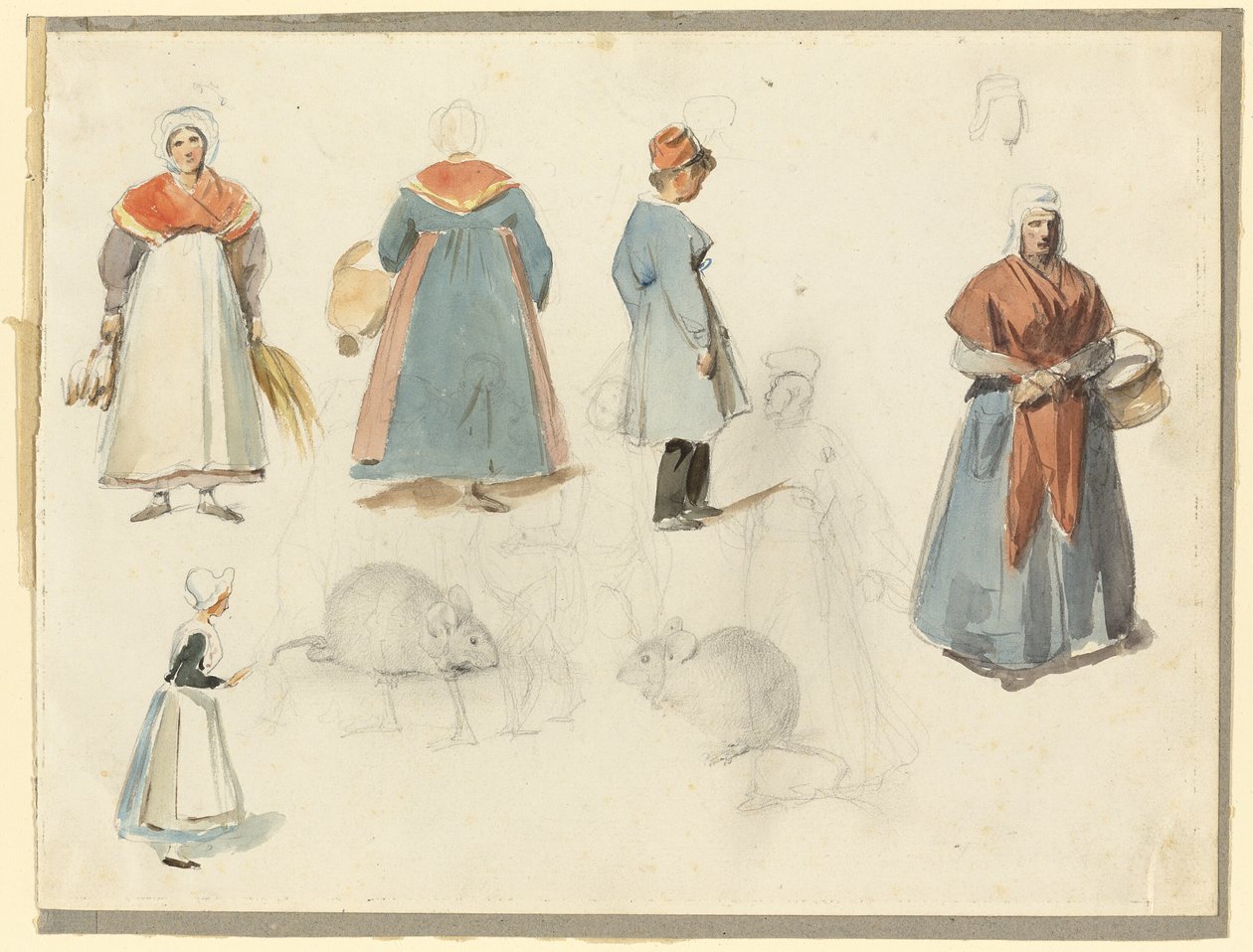Feuille de croquis : Hommes, femmes et souris - Denis Auguste Marie Raffet