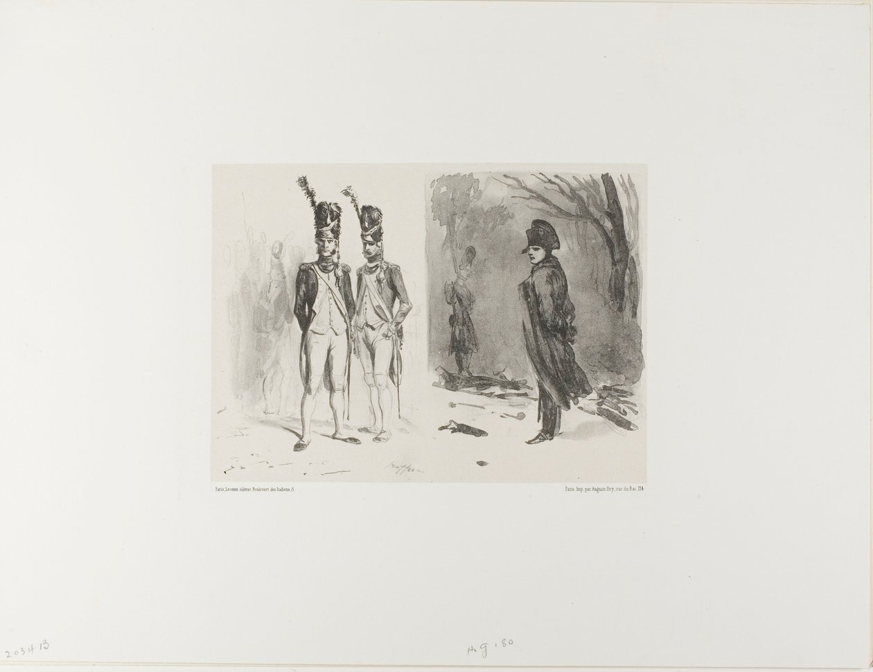 Feuille avec croquis (Grenadier de la Garde, Napoléon dans un bivouac) - Denis Auguste Marie Raffet