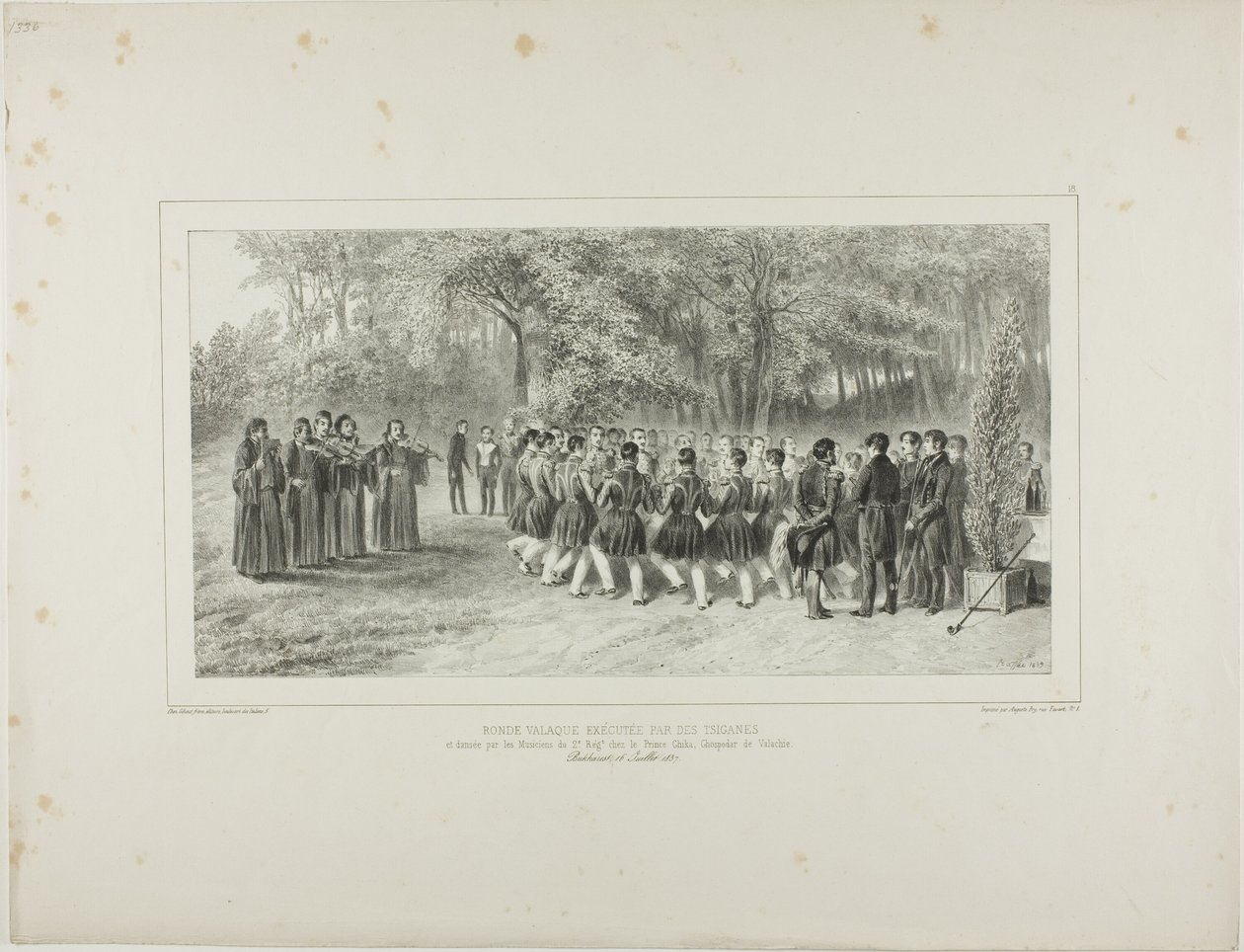 Ronde valaque, jouée par les Tsiganes et dansée par les musiciens du deuxième régiment chez le prince Ghika, Ghospodar, Valachie - Denis Auguste Marie Raffet