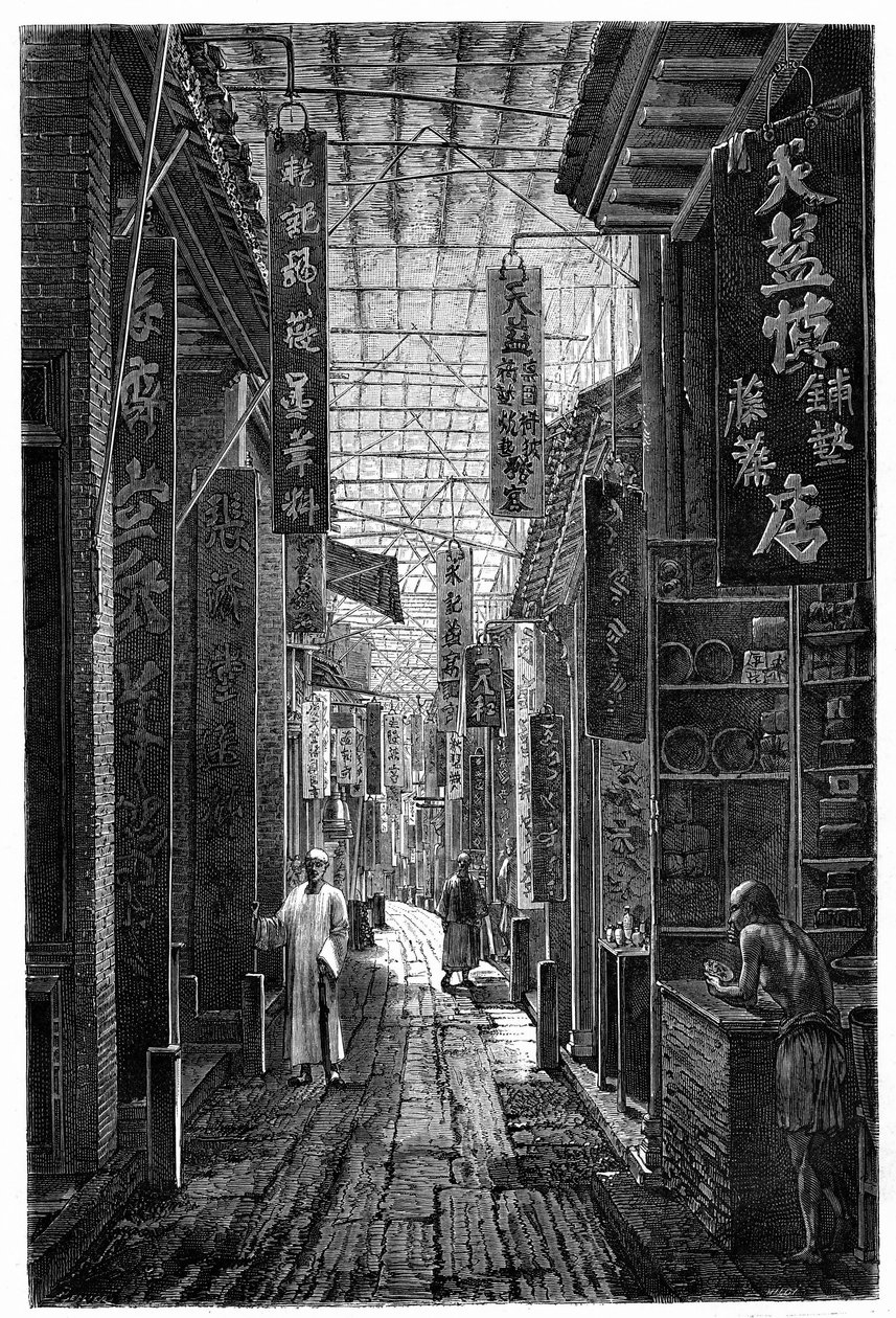 Vue de la rue de la Pharmacie à Canton. Gravure d