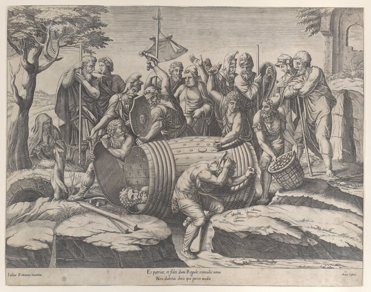 Marcus Atilius Regulus dans un tonneau tandis que deux hommes enfoncent les clous, divers personnages, 1555-77 - Diana Mantuana