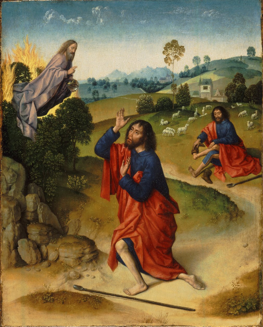 Moïse et le Buisson ardent, avec Moïse enlevant ses chaussures - Dierick Bouts the Elder