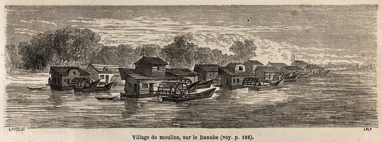 Un village de moulins sur le Danube, dessin de Lancelot, pour illustrer le voyage de Victor Duruy de Paris à Bucarest en 1860. Gravure dans « Le tour du monde », édité par Edouard Charton - Dieudonne Auguste Lancelot