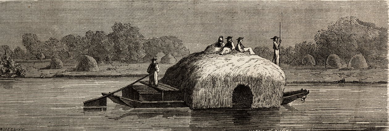 Coupe, récolte et transport de fourrage sur les rives du Danube. Dessin de Lancelot pour illustrer son voyage de Paris à Bucarest en 1860. Gravure dans « Le tour du monde », édité par Édouard Charton - Dieudonne Auguste Lancelot