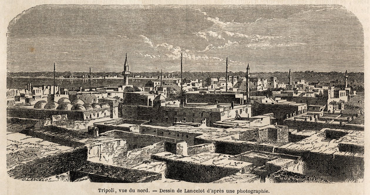 Vue générale de Tripoli, dessin de Lancelot, pour illustrer les promenades tripolitaines, en 1860, du Baron de Krafft. Gravure dans « Le tour du monde » 1861. Collection Selva. - Dieudonne Auguste Lancelot
