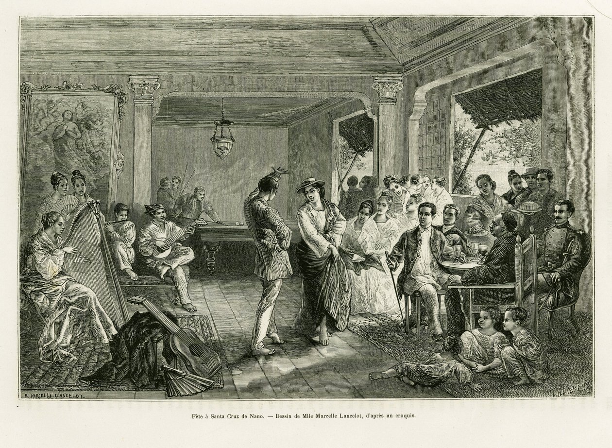Fête à Santa Cruz de Nano. Gravure de Lancelot pour illustrer le récit Luçon et Palaouan, six ans aux Philippines, par Alfred Marche (1844-1898), dans Le Tour du monde 1886, dirigé par Édouard Charton (1807-1890), Hachette, Paris. - Dieudonne Auguste Lancelot
