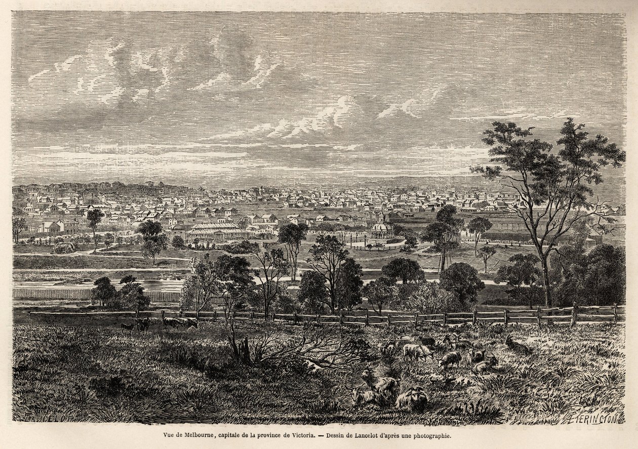 Vue de Melbourne (Australie), dessin de Lancelot, pour illustrer les souvenirs d
