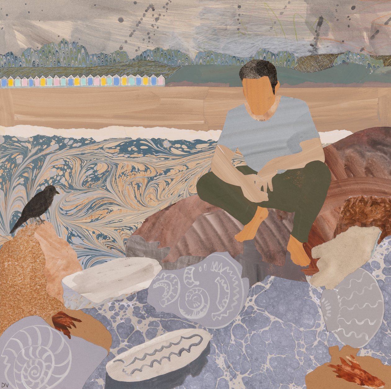 Cabanes de plage et fossiles (collage) - Dione Verulam