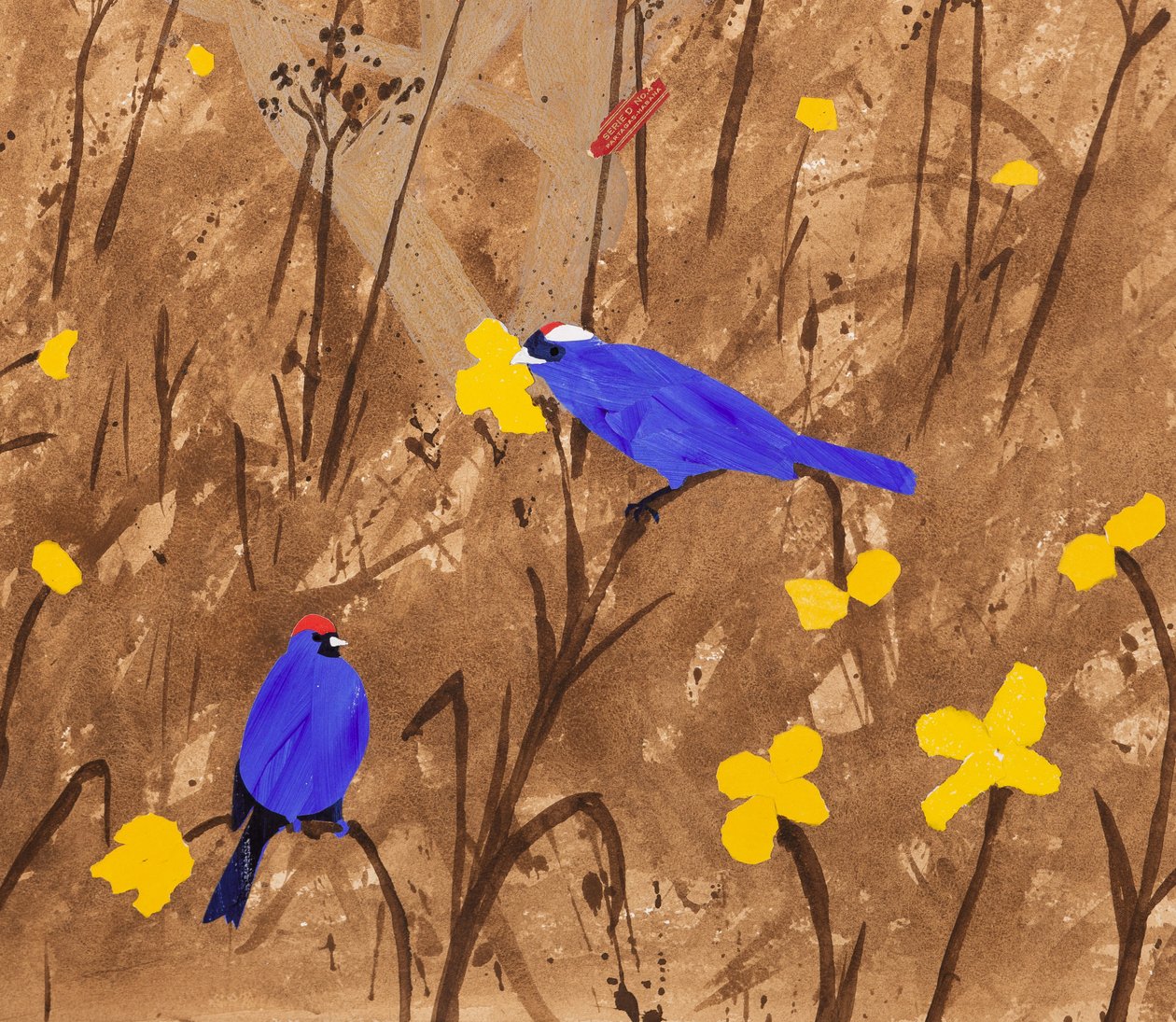 Couleurs primaires (Diadem Tanagers  Ceibo tree) (acrylique  collage) - Dione Verulam