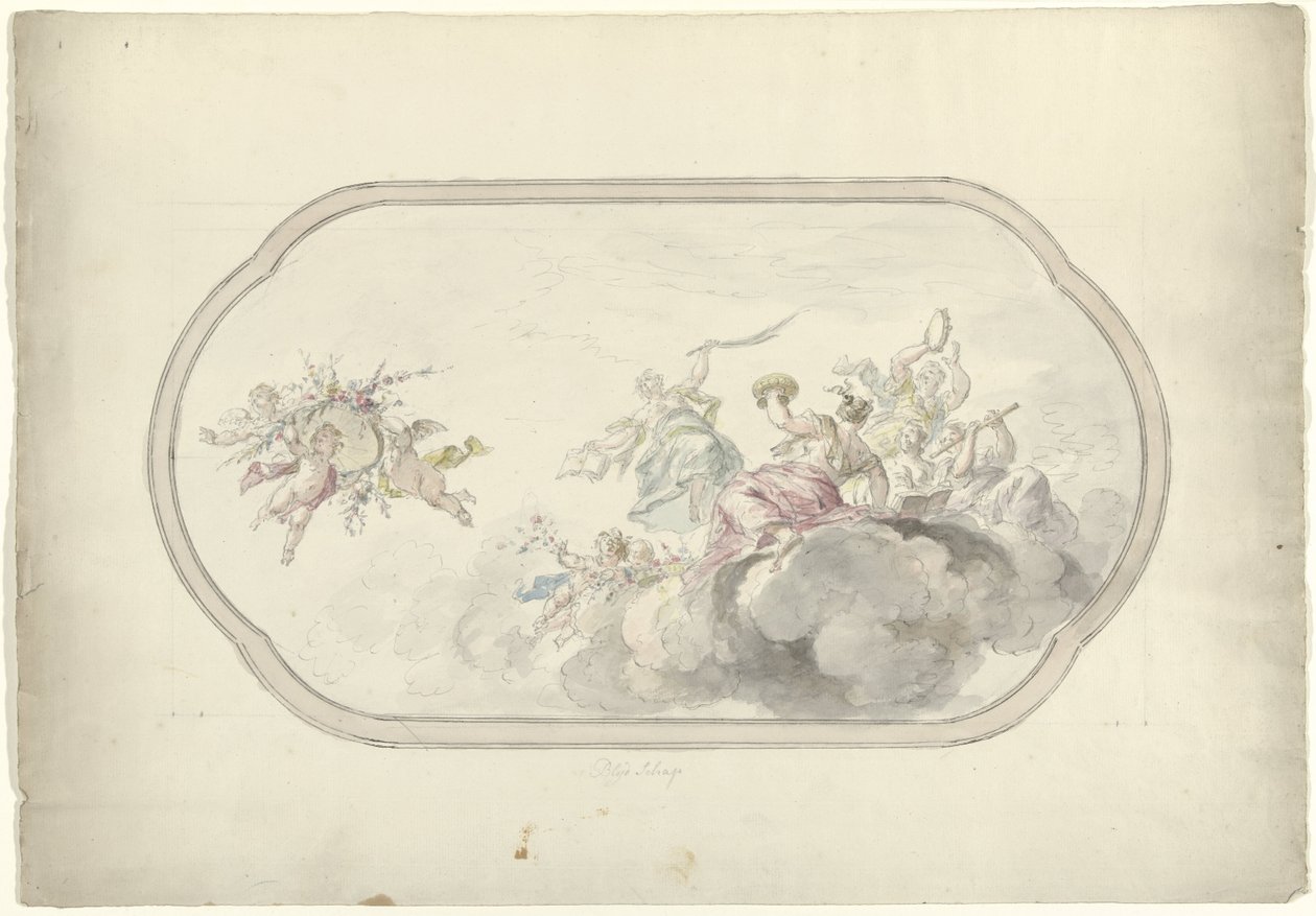 Projet pour une peinture de plafond avec des femmes musiciennes et des putti avec un panier de fleurs comme allégorie de la Joie - Dionys van Nijmegen