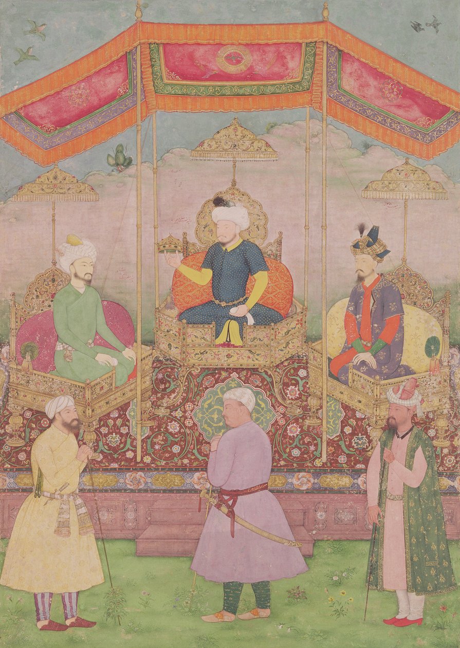 Empereur moghol Babur et son fils, Humayun, miniature indienne du Rajasthan, XVIe siècle - Dip Chand
