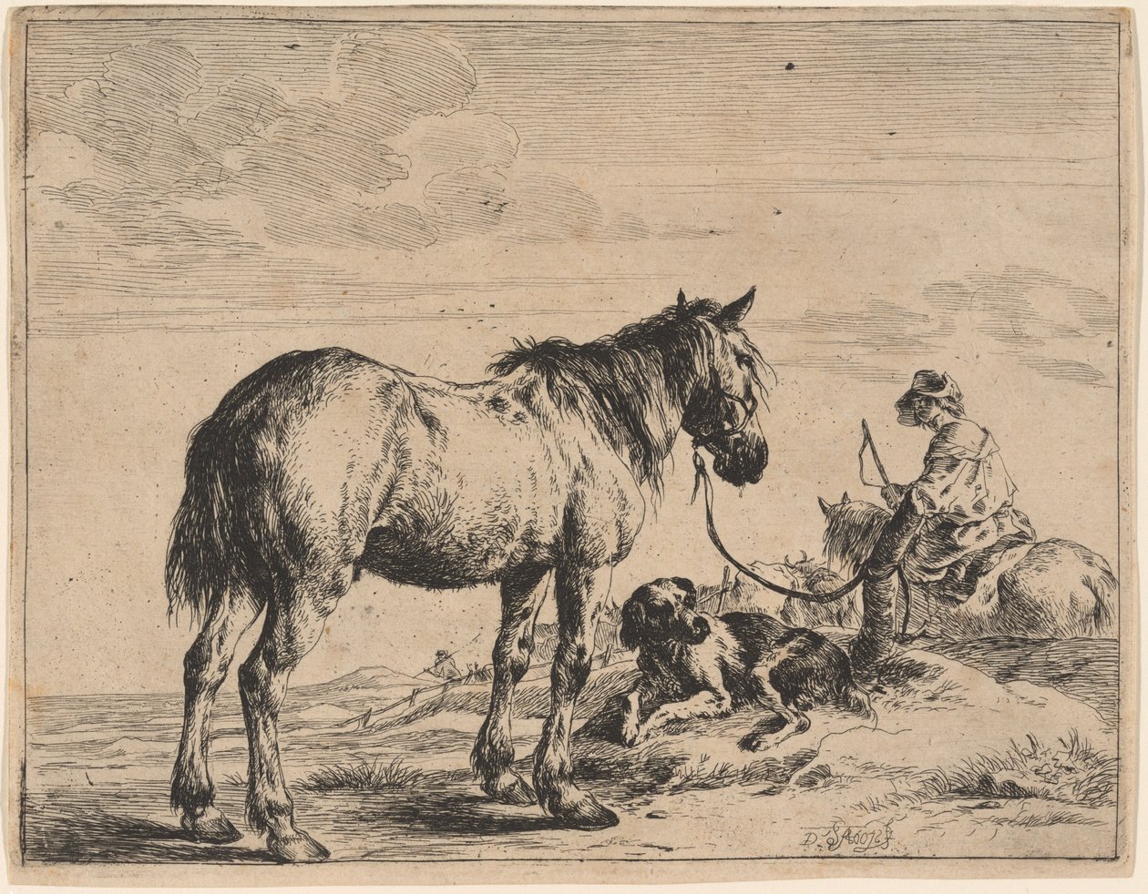 Un cheval attaché à un poteau avec un chien couché - Dirck Stoop