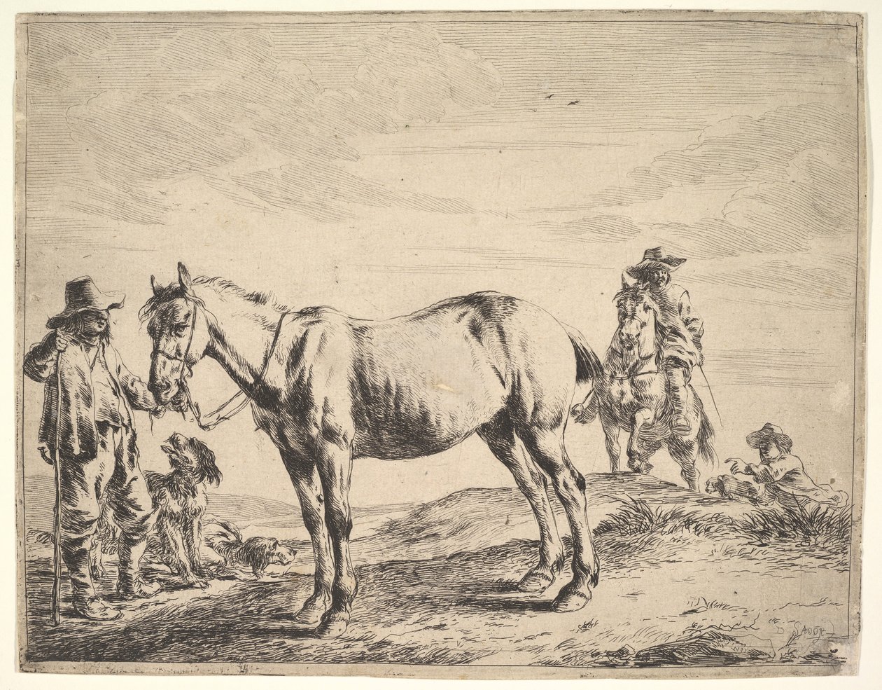 Homme tenant un cheval par la bride - Dirck Stoop