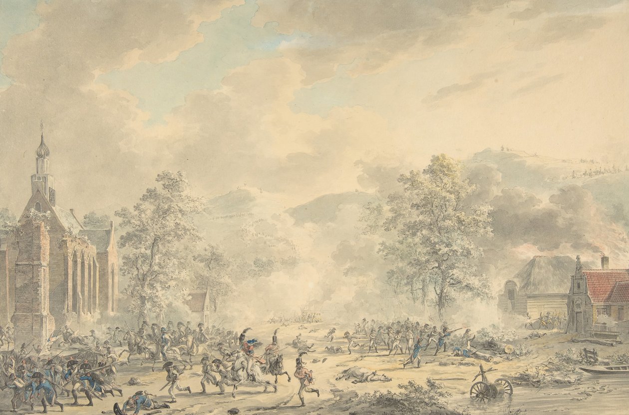 Scène de bataille avec église à gauche - Dirk Langendijk