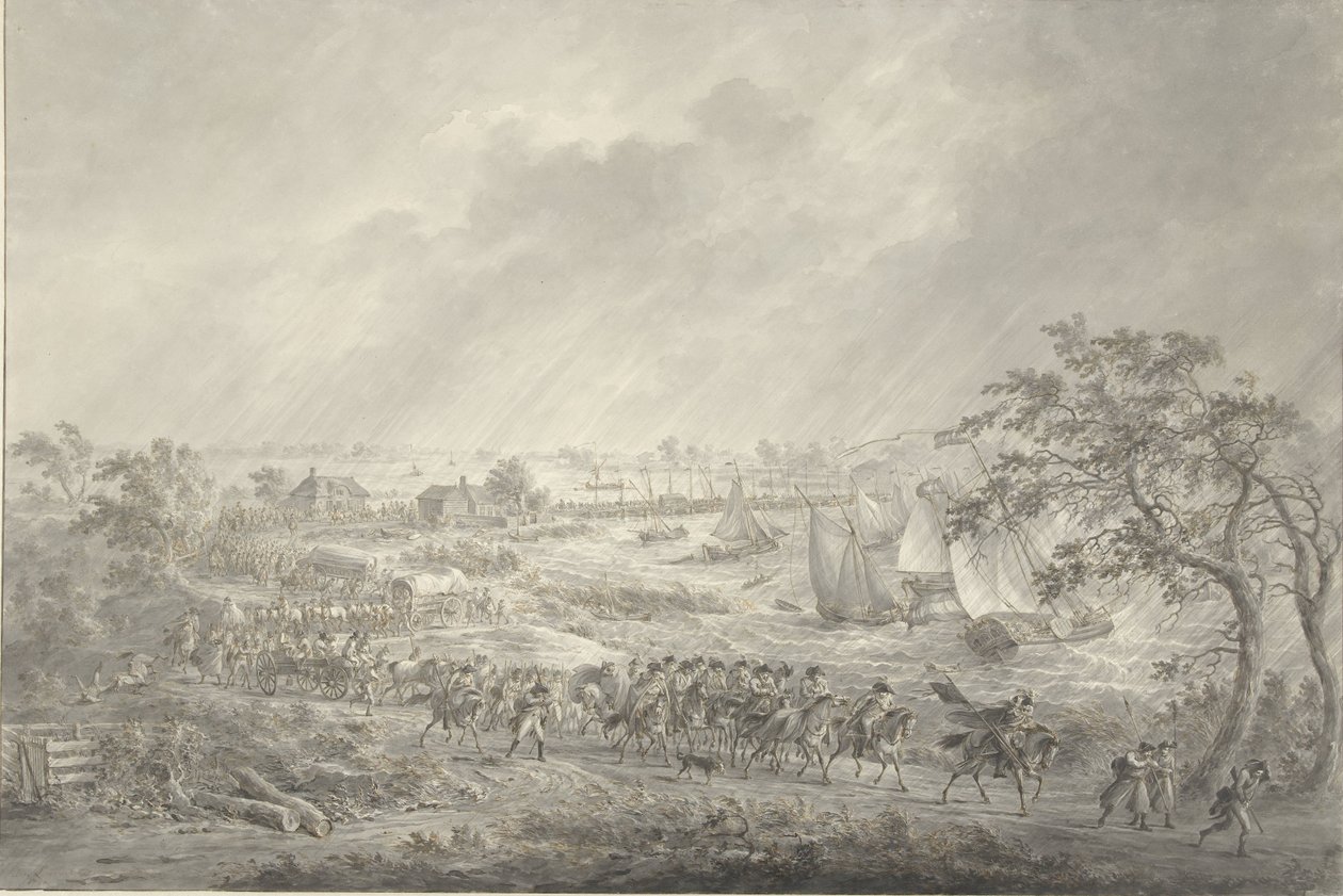 Traversée des troupes anglaises et hanovriennes de Nimègue à Lent sur le pont de bateaux sur la Waal, 7 novembre 1794 - Dirk Langendijk