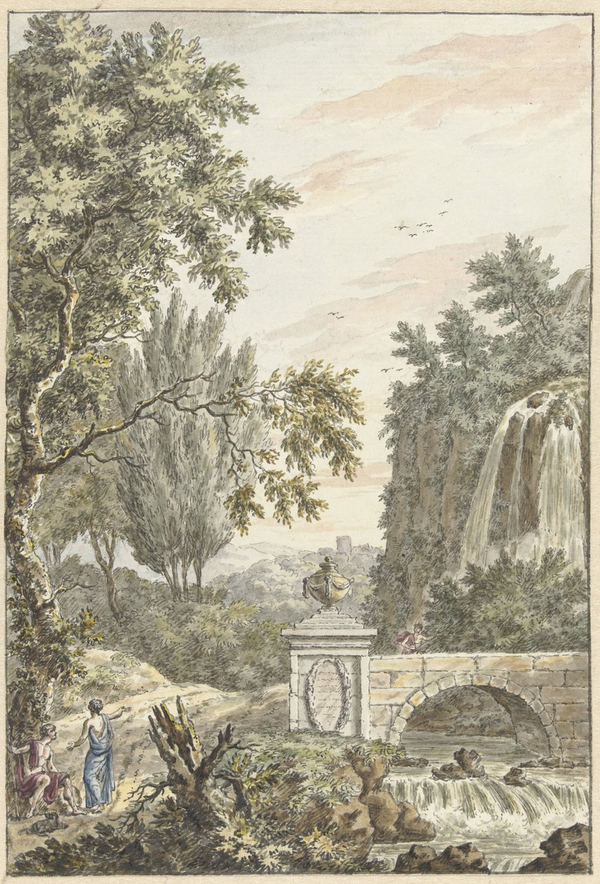 Paysage arcadien avec une cascade, un pont et trois jeunes hommes - Dirk Versteegh