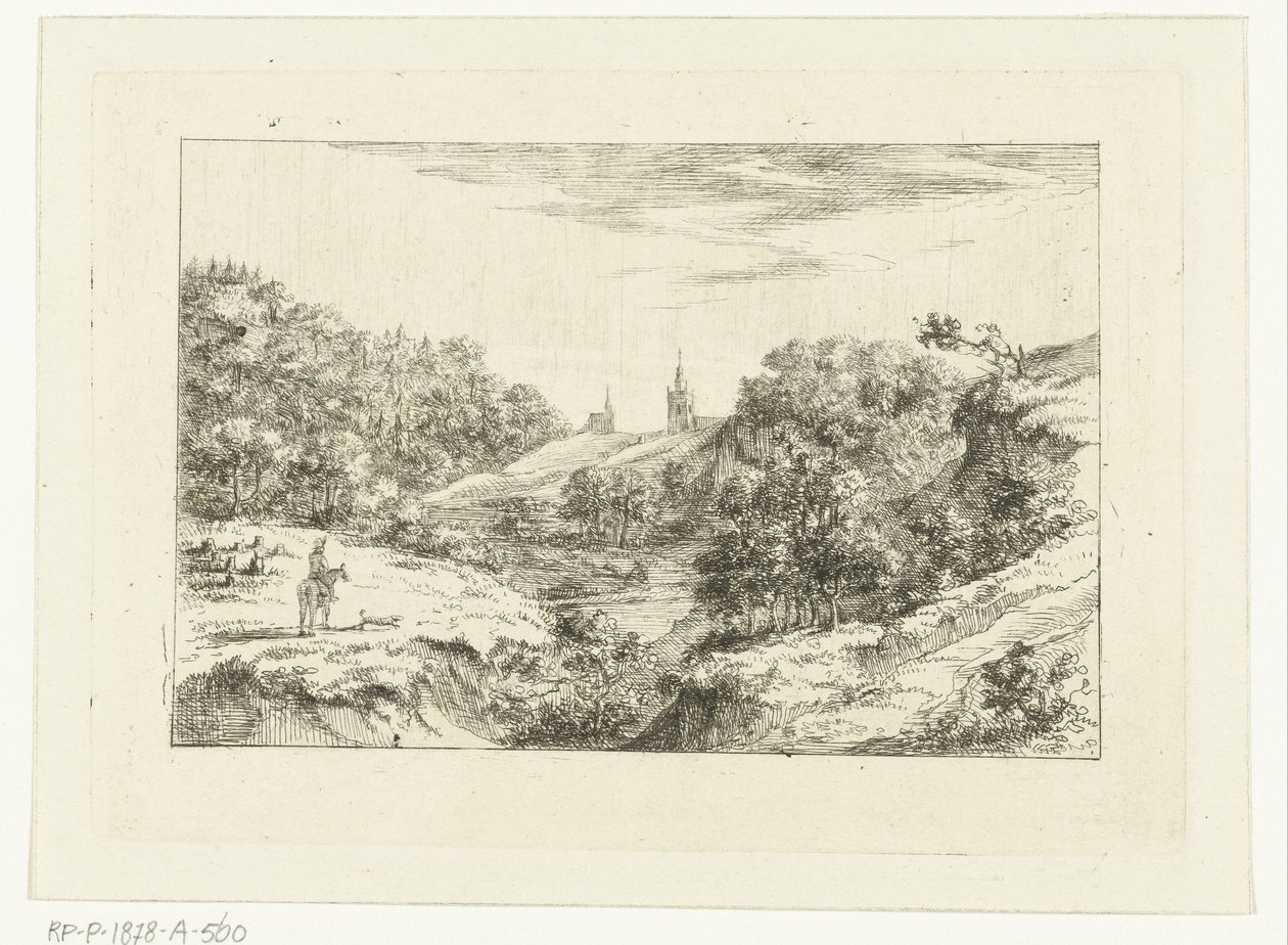 Paysage de dunes avec des églises et un cavalier près de Scheveningen - Dirk Vis Blokhuyzen