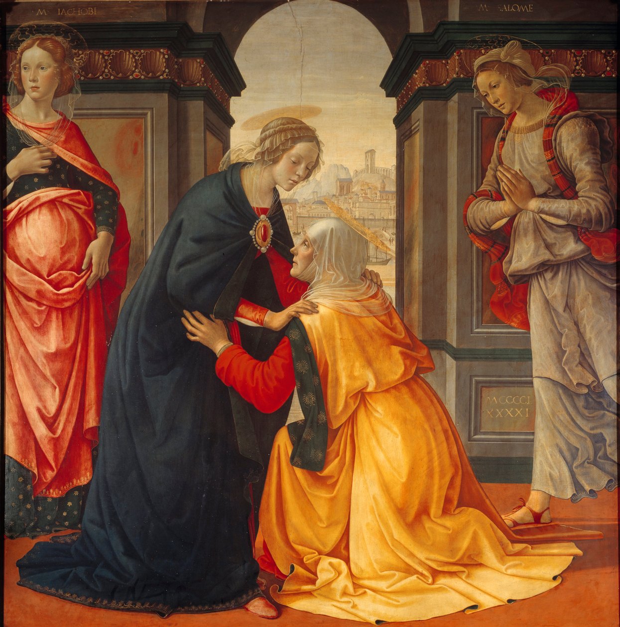 Visitation : La Vierge Marie visite Élisabeth, entre Marie Jacobé et Marie Salomé, témoins de la Crucifixion et de la Résurrection - Domenico Ghirlandaio