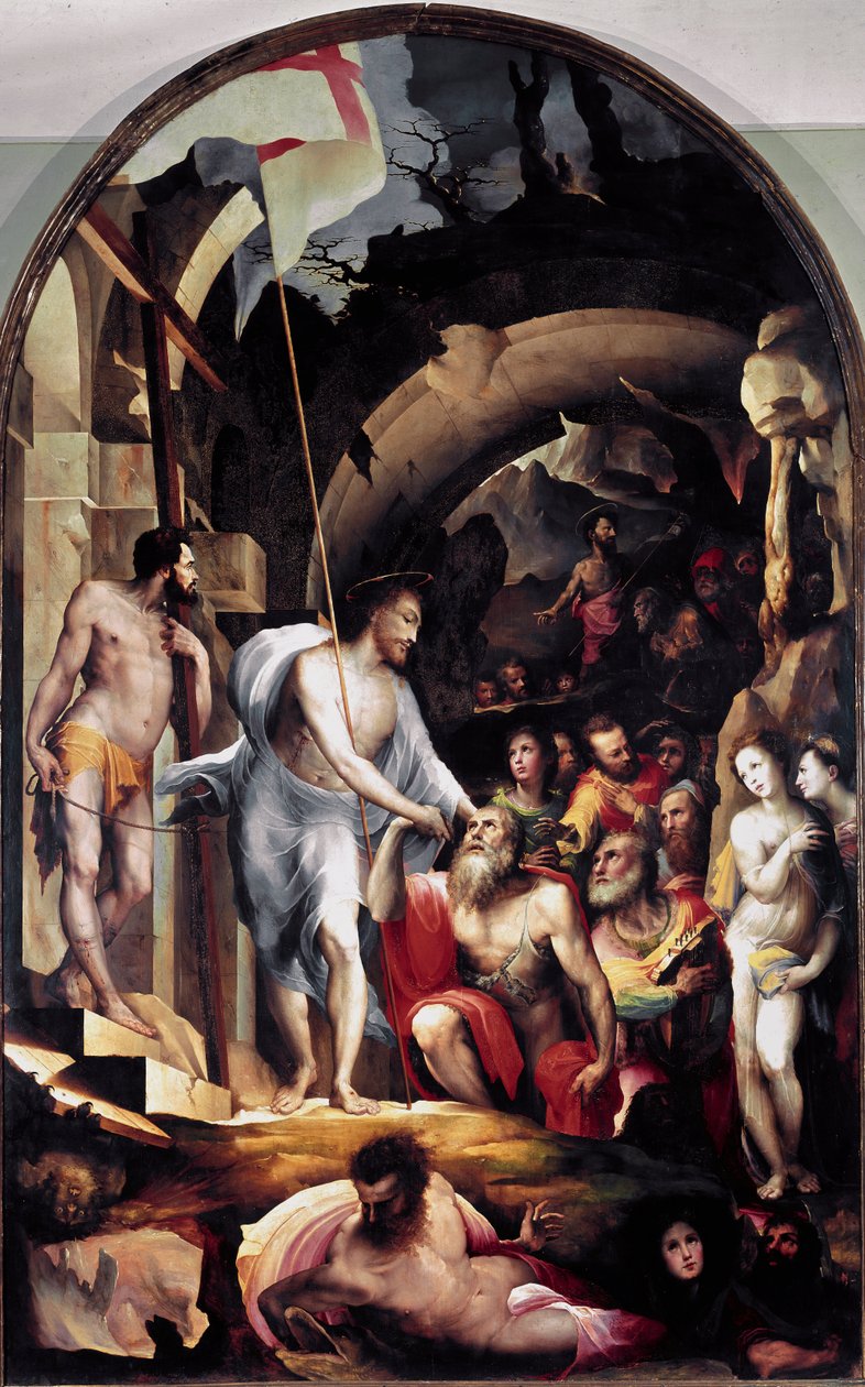La descente du Christ au limbes. Il tient une bannière blanche frappée d