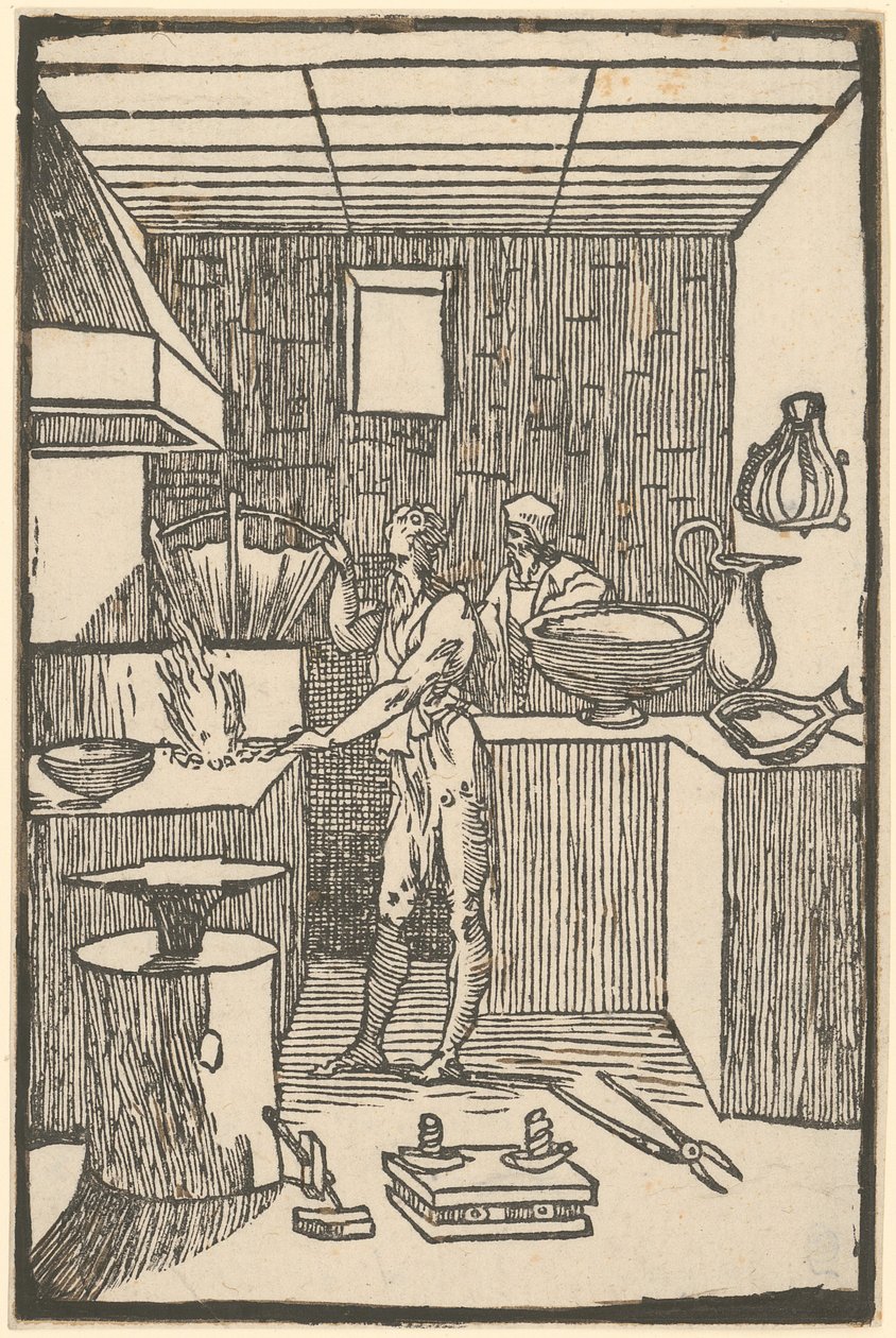 Vulcain à la forge lors de la fabrication de petits outils, planche 8 de la série « De la Pirotechnia » - Domenico Beccafumi