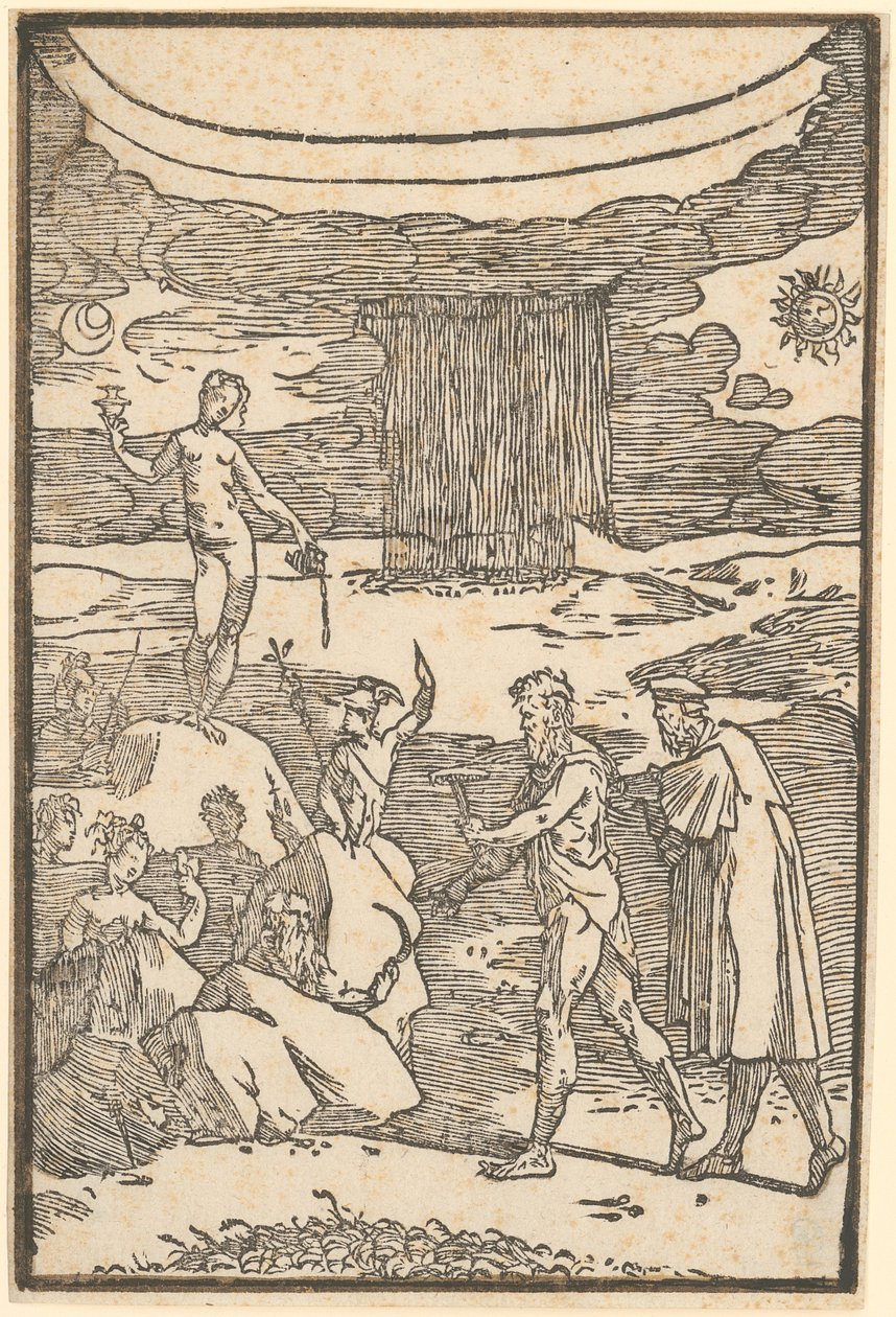 Vulcan et le philosophe (Teoria) partent à la recherche des métaux emprisonnés dans la roche, feuille 2 de la série « De la Pirotechnia » - Domenico Beccafumi