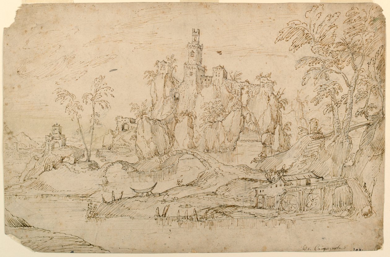 Paysage fantastique avec moulin à eau - Domenico Campagnola