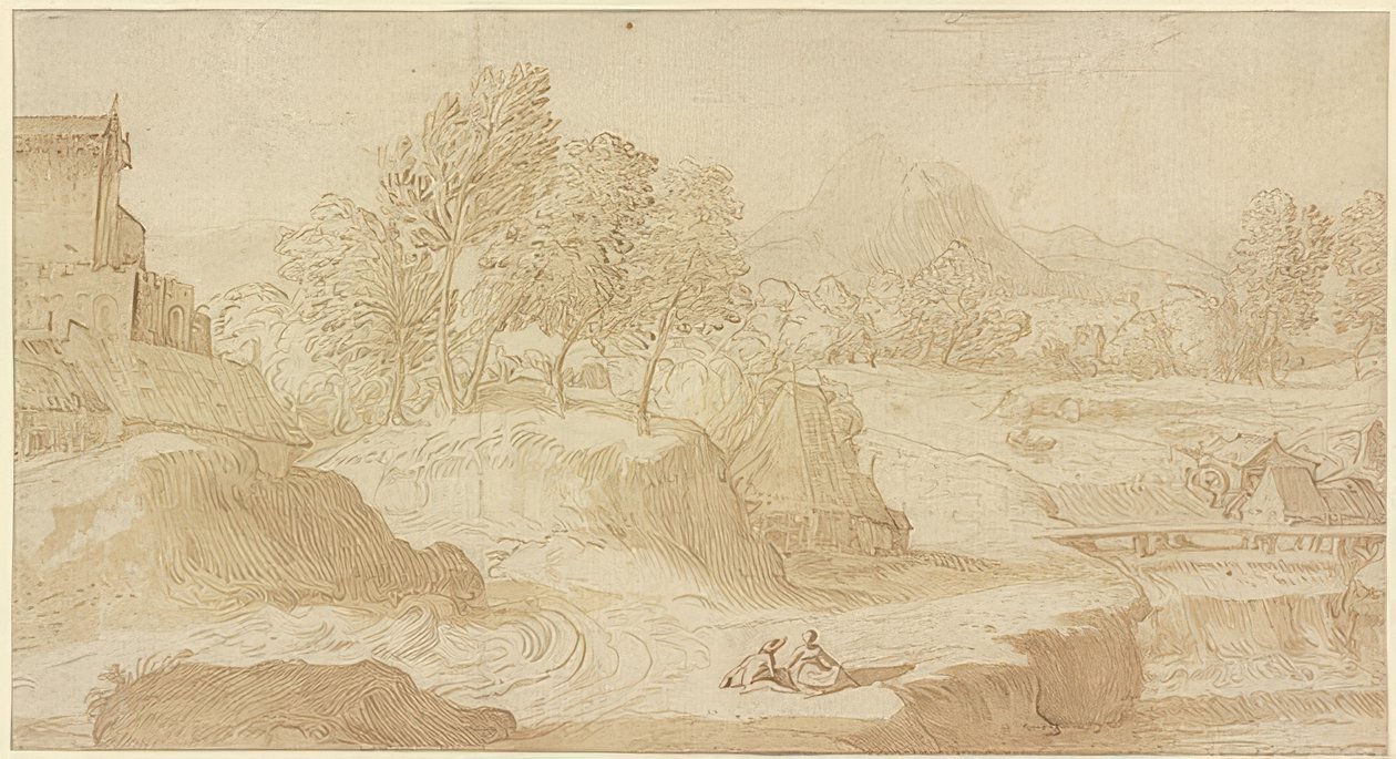 Paysage figuratif, à droite une rivière avec un pont près de moulins, devant deux figures assises - Domenico Campagnola